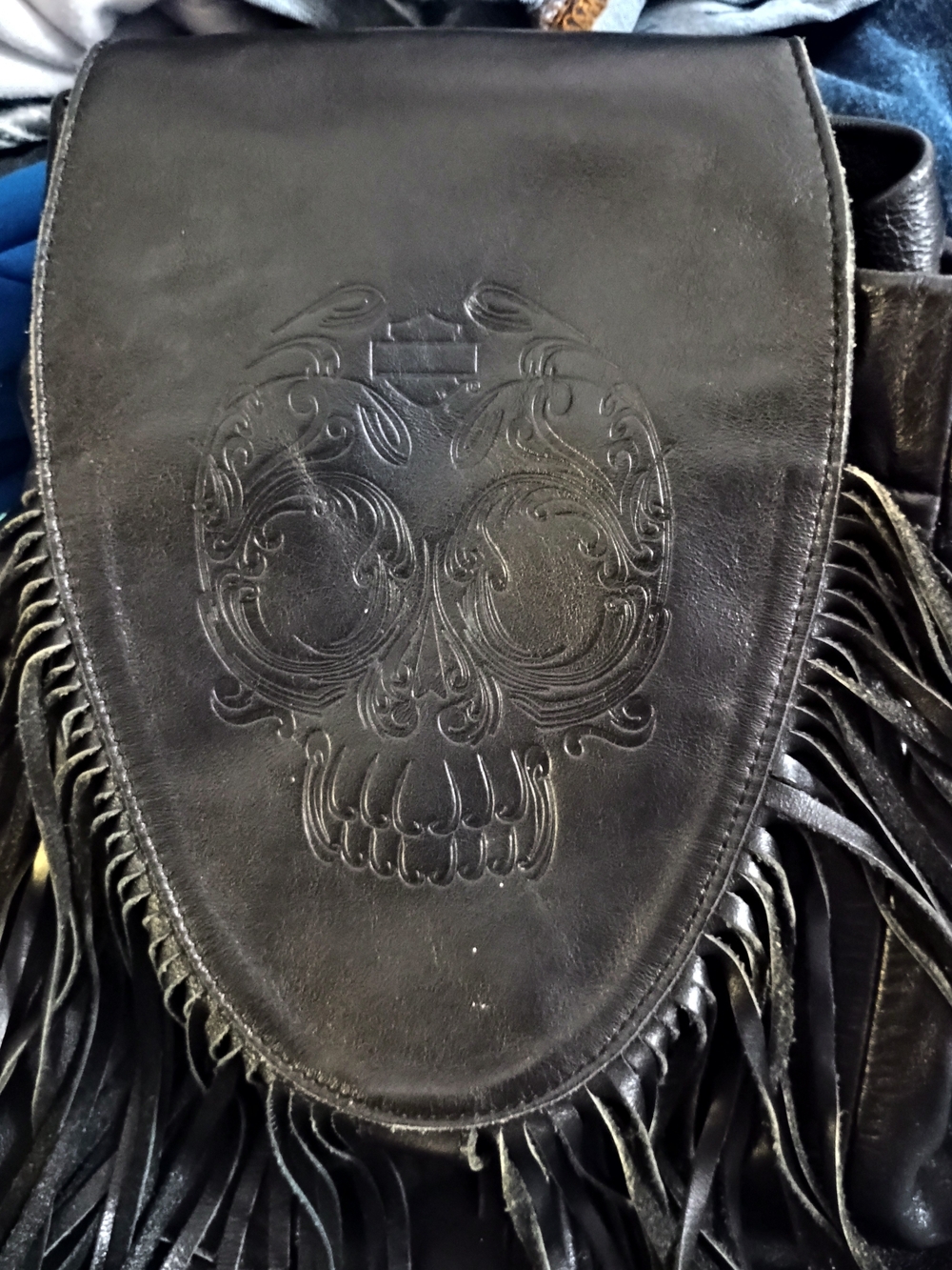 Harley-Davidson Black Leather Fringe Backpack with Embossed Skull